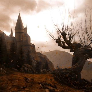 an image of a tree in front of a castle Hogwarts Halloween Desktop Hd Landscape, November, Gryffindor Aesthetic, dark olive green