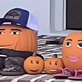 two pumpkins with faces are sitting on the front steps and one is wearing a hat Goofy Ahh Halloween Goofy Ah Pumpkin, Roblox Man Face Pumpkin, Roblox Pumpkin Painting, indian red