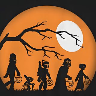 the silhouettes of people in halloween costumes are walking through front of a full moon Star Wars Halloween Darth Vader Happy Halloween, Star Wars Pumpkins Painting, Star Wars Thanksgiving, black