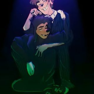 two people sitting on the ground with their arms around each other in front of a purple light Max And Tommy Halloween Goofy Movie Fanart, Brad X Max Goof Fanart, An Extremely Goofy Movie Fanart, black