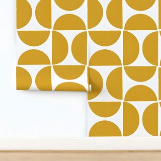 an orange and white geometric wallpaper with circles on the wall next to a wooden floor Halloween Circle Geometric In Ochre Mid Mod Hills Ochre, Shapes And Lines Jumbo Yellow On White, Round Checkers White On Gold Custom, wheat