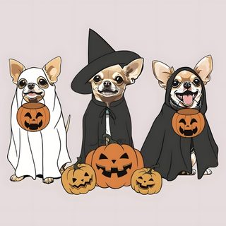 three dogs dressed up in halloween costumes with jack - o'- lantern pumpkins Halloween Chihuahua Halloween Themed Dog Drawing, Cute Halloween Dog Drawing, Halloween Puppy Drawings, gainsboro
