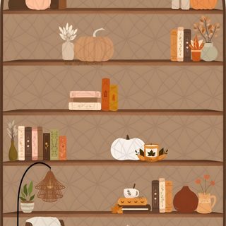 a living room filled with lots of furniture and shelves full of fall decorating items Halloween Bookshelf Iphone Fall Bookshelf Iphone, Cozy Iphone, Hygge Phone, Christmas Bookshelf, rosy brown