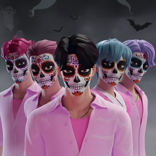 three men with different colored hair and makeup are wearing skulls on their faces in front of a dark background Saja Boys Halloween dim gray