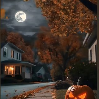 a halloween pumpkin sitting on the sidewalk in front of a house with a full moon behind it Halloween Videos Halloween Live Photo, Moving Halloween, Halloween Live, Halloween Night, dark slate gray