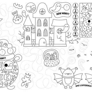 halloween themed coloring pages for kids Halloween Maze Otomi Embroidery Playmat Halloween Placemats, Activity Mat, Kawaii Halloween, white