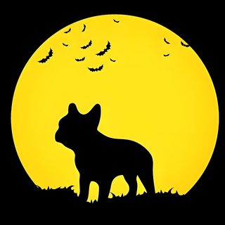 the silhouette of a dog in front of a full moon with bats flying above it Halloween French Bulldog French Bulldog Pumpkin Stencil, Free Printable French Bulldog Pumpkin Stencil, French Bulldog Pumpkin Carving, gold