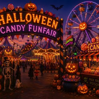 the entrance to halloween candy fun fair at night Halloween Carnival Halloween Time, Halloween Theme, Halloween Amusement Park, Halloween Candy, black
