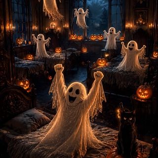 a room filled with lots of fake ghost and pumpkins in the air, while two black cats look on Halloween Ghost Halloween Pics, Animated Halloween, Happy Halloween Witches, Halloween Drawings, black