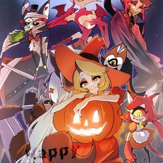 an animated halloween scene with cats and pumpkins Hazbin Hotel Halloween Hazbin Hotel Anime, Hazbin Hotel Pumpkin, Hazbin Pumpkin, indian red