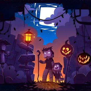 an animated halloween scene with two people and pumpkins Minecraft Halloween Mc Spooky Background, Minecraft Halloween Logo, Minecraft Halloween Banner, midnight blue