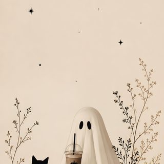a black cat sitting next to a white ghost with a drink in it's mouth Halloween Smartphone Simple Fall Phone, Halloween Iphone Aesthetic, Halloween Phone, Cute Halloween, wheat