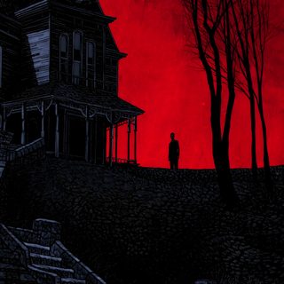 a painting of a creepy house with stairs leading up to it and a person standing on the porch The Long Halloween Creepy Iphone Aesthetic, Black And Red Goth Aesthetic, Dark Halloween Iphone,