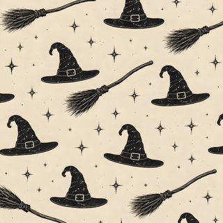 black and white wizard hats and brooms on a beige background with stars in the sky Halloween Witch Hat wheat