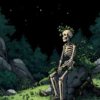 a skeleton sitting on top of a rock in the grass under a sky full of stars Cute Aesthetic Halloween Skeleton Skeleton, Scary Environment, Skeleton Iphone Aesthetic, Phone Drawing, black