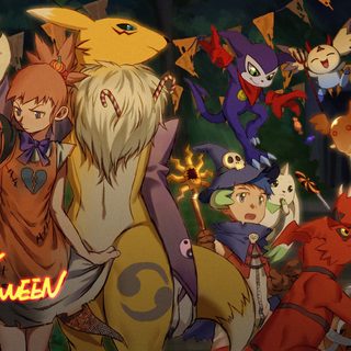 an animated halloween scene with many cartoon characters Digimon Halloween Digimon Halloween, Pumpkinmon Gif, Digimon Pumpkinmon, Digimon Christmas, saddle brown
