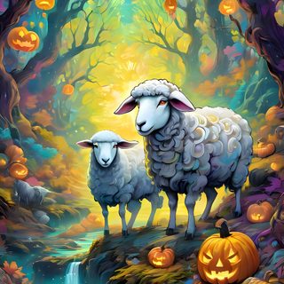 two sheep are standing in the woods with pumpkins Halloween Sheep The Pumpkin Rabbit Sheep, Halloween Farm, Autumn Sheep, Black Sheep Halloween, dim gray