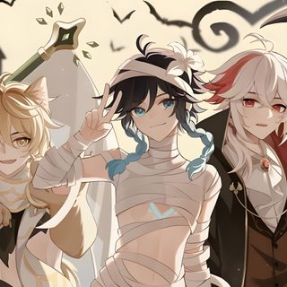 a group of people standing next to each other in front of a halloween background with bats Halloween Genshin Halloween Genshin, Genshin Halloween, Genshin Impact Halloween, rosy brown