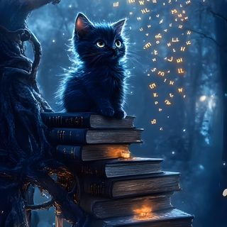a black cat sitting on top of a pile of books in the woods with fairy lights Halloween Cat Gif Magic Cat, Books And Cats, Witch Cat, Black Cat Gif, Witch And Cat, dark slate gray