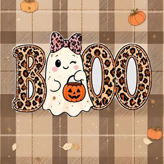 an animal with a pumpkin on its nose and the word boo spelled in leopard print Cute Halloween Boo rosy brown