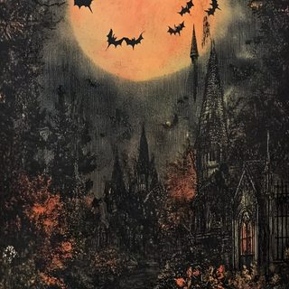 an image of halloween scene with pumpkins and bats Nostalgic Halloween Iphone Spooky Vintage Halloween, Spooky Cat Image, Vintage Spooky Background, dark slate gray