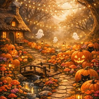 a painting of pumpkins and lights in a garden Happy Halloween saddle brown