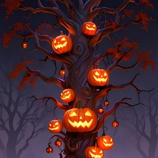 a tree with pumpkins carved into it Halloween Tree Halloween Tree Pictures, Halloween Screensavers, Halloween Jack O Lantern Tree, dark slate gray