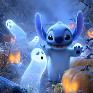 an animated movie character surrounded by pumpkins and ghost like creatures in a forest at night Halloween Stitch Gif Phone Backgrounds, Iphone, Graphics Designer, Graphic Design, steel blue