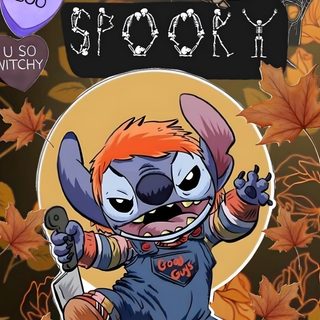 a cartoon character with an orange hair holding a knife Stitch Halloween Ghostface Spooky Cute, Trio Halloween, Siri, Stitch Halloween, dark olive green