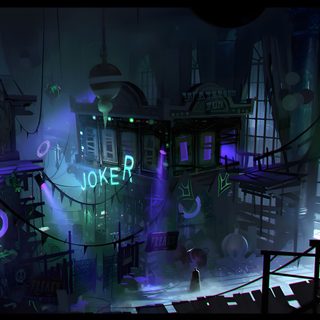 an animated city with lots of neon lights Arkham Halloween Concept Art World, Arkham City Batman, Batman Concept Art, Batman Concept, black