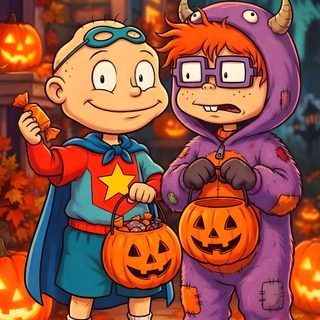 two children dressed in halloween costumes standing next to each other with pumpkins on the ground Max And Tommy Halloween saddle brown