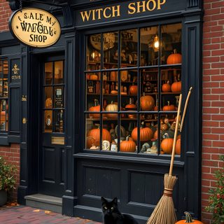 a black cat sitting in front of a witch shop Salem Halloween Aesthetic Halloween Stand, Fall Witch Aesthetic, Autumn Witch, Witches Shop, dark slate gray