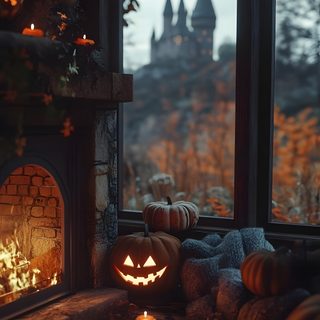 pumpkins and candles are lit in front of a window with a view of the castle Rustic Halloween black