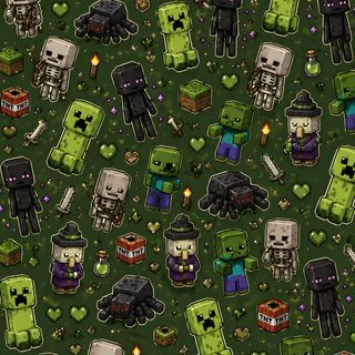 a green background with many small pixeles and skulls on the ground, all in different colors Minecraft Halloween dark slate gray