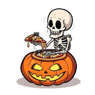 a skeleton eating pizza out of a pumpkin Halloween Pizza Cartoon Halloween, Skeleton Eating Pizza, Skeleton With Pumpkin Head Cartoon, white