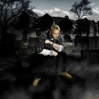 a man sitting on top of a pile of tombstones in the middle of a graveyard Eminem Halloween Biggie Smalls Art, Eminem Photos, Chicka Chicka, Moving, Biggie Smalls, dark slate gray