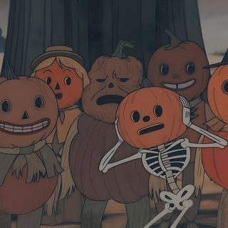 a group of cartoon pumpkins standing next to each other in front of a tree Halloween Medium Widget Aesthetic Halloween Computer, Halloween Computer Aesthetic, Laptop Halloween Aesthetic, dark olive green