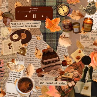 a collage of books, coffee, and fall leaves is featured in this image Halloween Collage Ipad Fall Backgrounds Ipad, Fall Backgrounds Aesthetic Laptop, Fall Themed Computer, peru
