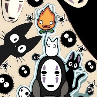 totoro and other cartoon characters are surrounded by black, white, and orange objects Ghibli Halloween Handmade Greeting Card Designs, Ghibli Artwork, Iphone App Layout, Ghibli Art, dark gray