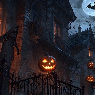 an old house decorated for halloween with pumpkins Halloween Cave black