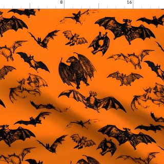 an orange and black bat print fabric with bats flying over it, on top of an orange background Vintage Bats For Halloween Fabric And Bat Pattern, Artist Tutorials, Halloween Diy Crafts, chocolate