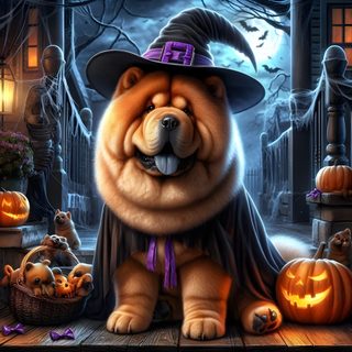 a dog dressed up as a witch with pumpkins Halloween Chow Chow Halloween Chow Chow, Chow Chow Costume, Chow Chow Autumn, dark slate gray
