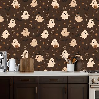 a kitchen wall with halloween ghostes and stars on the wall next to an oven Halloween Kitchen dark slate gray