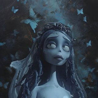 a painting of a woman in a wedding dress with butterflies around her head and eyes Halloween Iphone Corpse Bride Tim Burton Movie, Tim Burton Art, Emily Corpse Bride, Warface, dark slate gray