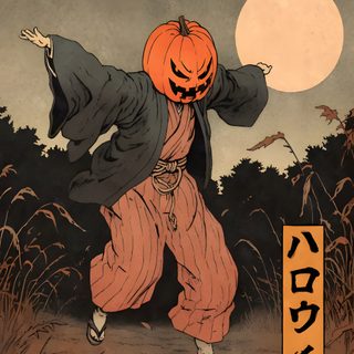 an image of a person with a jack - o'lantern on his head walking down a path Japanese Halloween Office Wall Art, Ukiyo E, Modern Japanese Design, Wall Art, Canvas Paper, dark olive green