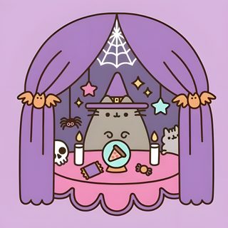 a cartoon cat is sitting in front of a table with candles and other items on it Kawaii Halloween Gif Pusheen Ghost, Witch Pusheen, Pusheen In Halloween Pumpkin, Halloween Pusheen, dark gray