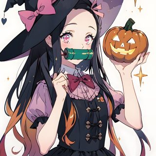 a girl in a witch costume holding a pumpkin Nezuko Kamado Halloween Anime Art For Halloween Decor, Anime Witch Holding A Pumpkin, Cute Witch Illustration, rosy brown