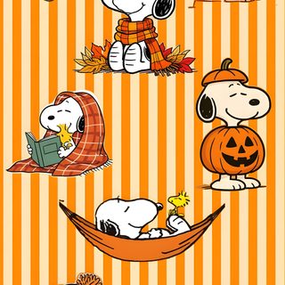 peanuts and pumpkins on an orange striped background, with snoop's thanksgiving costume Cute Cute Snoopy Halloween sandy brown