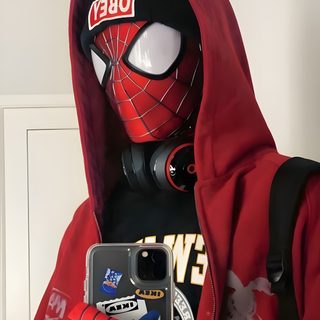 a person in a red hoodie holding a cell phone and wearing a mask on their face Aesthetic Halloween Boys Wade Wilson, Spiderman Outfit, Spiderman Mask, Spiderman Gifts, brown