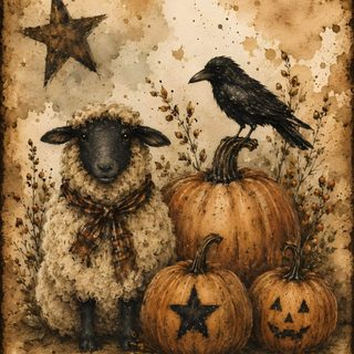 two sheep standing next to each other with pumpkins in front of them and a crow on top Halloween Sheep Primitive Crafts To Make, Primitive Labels, Farm Prints, Animal Painter, sienna